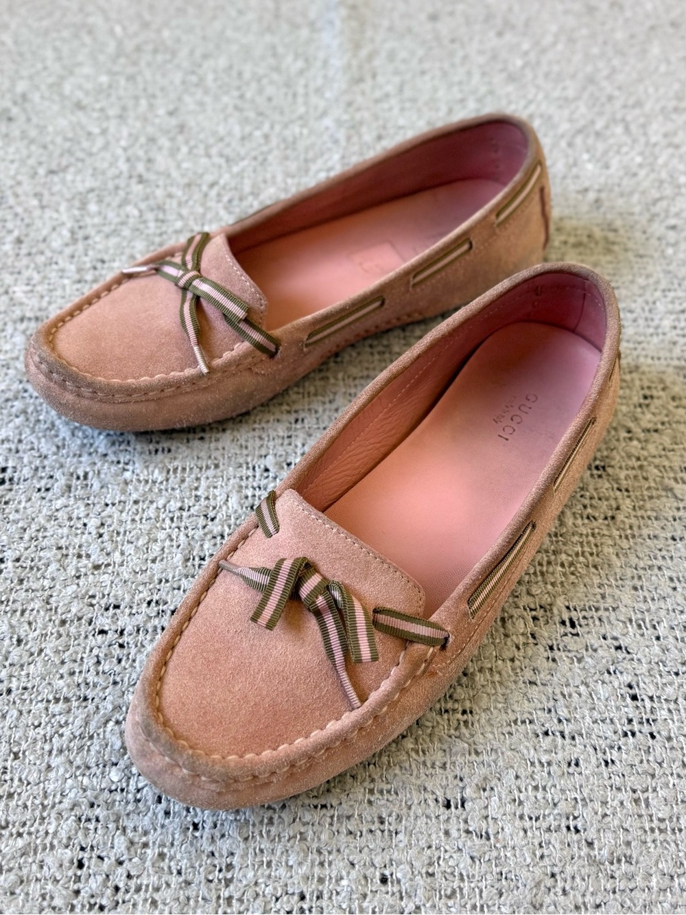 Gucci Blush Pink Suede Bow Moccasins